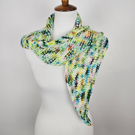 Chunky Knit Asymmetrical Scarf – Hand Knit 100% Merino Wool – Green Rainbow Bulky Winter Scarf – 60 x 10.5