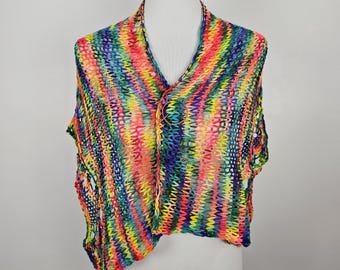 Rainbow Merino Wool Shawl – Hand Knit Lightweight Rectangular Wrap – Bright Colorful Shoulder Scarf – 46 x 14
