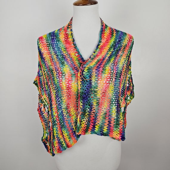 Rainbow Merino Wool Shawl – Hand Knit Lightweight Rectangular Wrap – Bright Colorful Shoulder Scarf – 46 x 14
