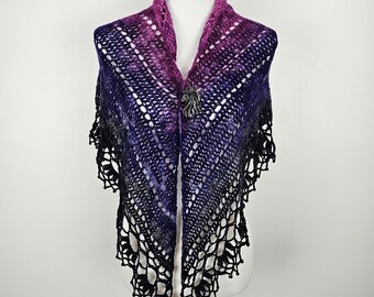 Belle Époque Shawl – Hand Crocheted Merino Wool Lace Shawl – Purple Black Ombre Wrap – Gothic Wedding or Witchy Style