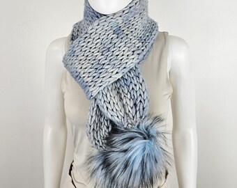 Women's Luxury Super Chunky Knit Merino Wool Scarf with Faux Fur Poms