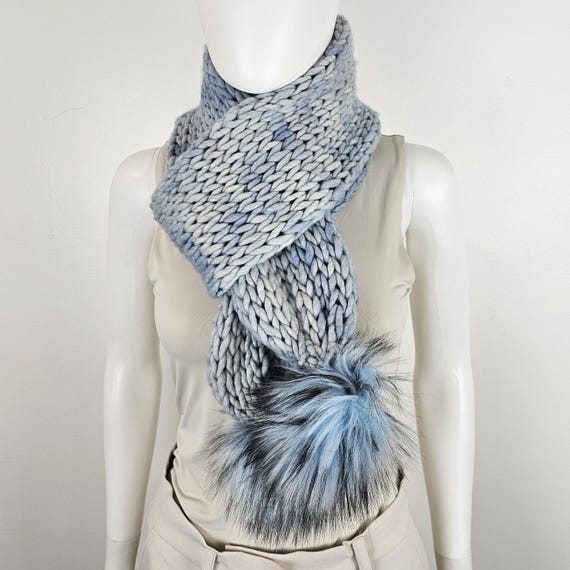 Women's Luxury Super Chunky Knit Merino Wool Scarf with Faux Fur Poms