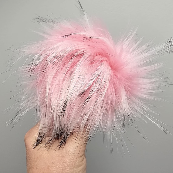 4" Black Tipped Pink Faux Fur Pom Pom with String Ties