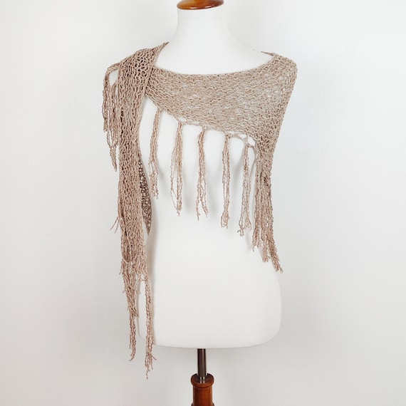 Silk Linen Summer Scarf – Hand Knit Fringe Wrap – Lightweight Brown Shoulder Wrap – Casual Wedding Shawl