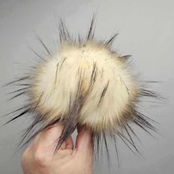 5" Black Tipped Cream Faux Fur Pom Pom with String Ties