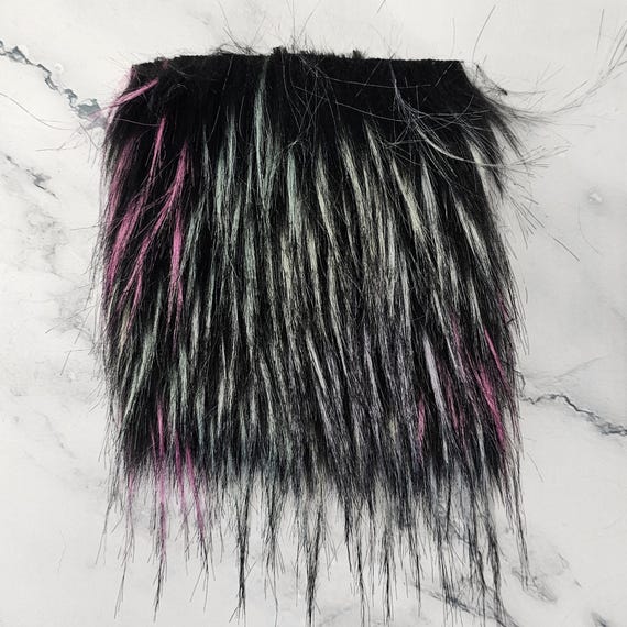 5" Precut Square Long Pile Faux Fur Fabric Mongolian Black Jewel Rainbow Tipped For Poms and Gnome Beards