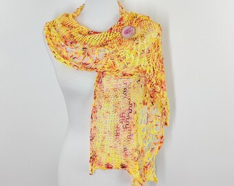 Colorful Knit Shawl – Hand Knit Merino Wool Wrap – Yellow Orange Pink Scarf – Lightweight Rectangular Shoulder Wrap