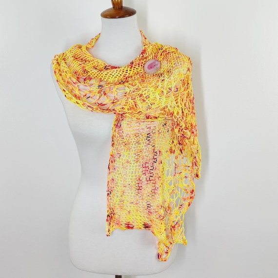 Colorful Knit Shawl – Hand Knit Merino Wool Wrap – Yellow Orange Pink Scarf – Lightweight Rectangular Shoulder Wrap