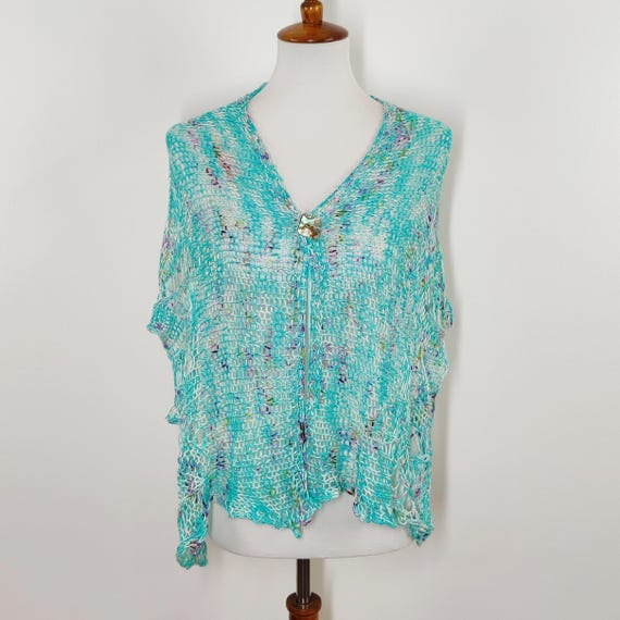 Merino Silk Shawl – Hand Knit Lightweight Rectangular Wrap – Robin’s Egg Blue Loose Knit Shoulder Scarf – 61 x 14