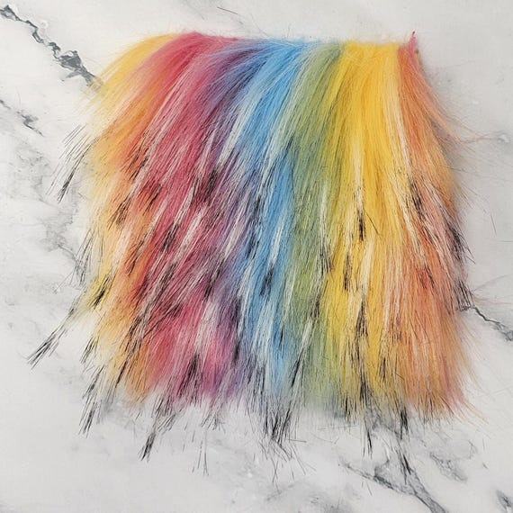 Precut Square Dense Long Pile  Faux Fur Fabric Rainbow Black Tipped For Poms and Gnome Beards