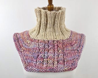 Chunky Knit Sweater Cowl – Hand Knit Merino Wool Neck Warmer – Malabrigo Rasta Ivory & Rosalinda – Cozy Winter Gift