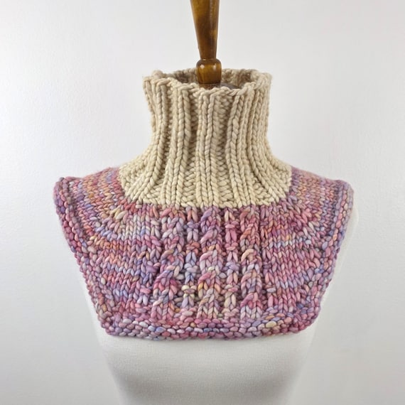 Chunky Knit Sweater Cowl – Hand Knit Merino Wool Neck Warmer – Malabrigo Rasta Ivory & Rosalinda – Cozy Winter Gift