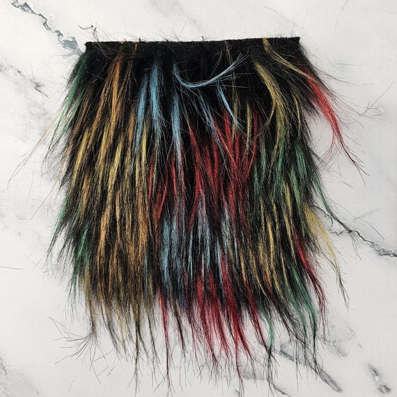 5" Precut Square Long Pile Faux Fur Fabric Mongolian Black Jewel Rainbow Tipped For Poms and Gnome Beards