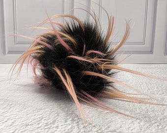 5" Precut Square Long Pile Faux Fur Fabric Black Firecracker Tipped For Poms and Gnome Beards