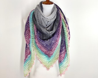 Merino Wool Triangle Shawl – Hand Crocheted Oversized Wrap – Gray to Rainbow Gradient – Lightweight 80 x 40