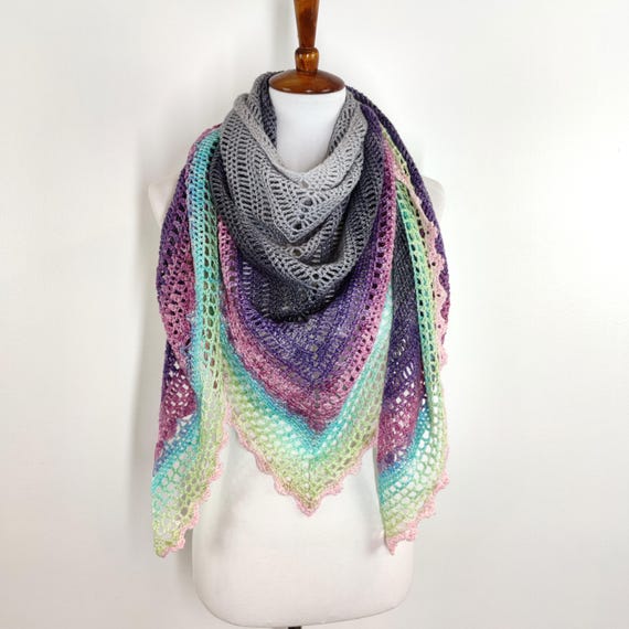 Merino Wool Triangle Shawl – Hand Crocheted Oversized Wrap – Gray to Rainbow Gradient – Lightweight 80 x 40