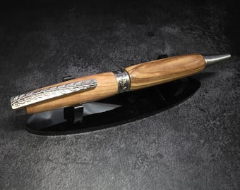 Hand Turned Bethlehem Olive Wood Olive Branch Ballpoint Antique Pewter Twist Pen Parker Refill