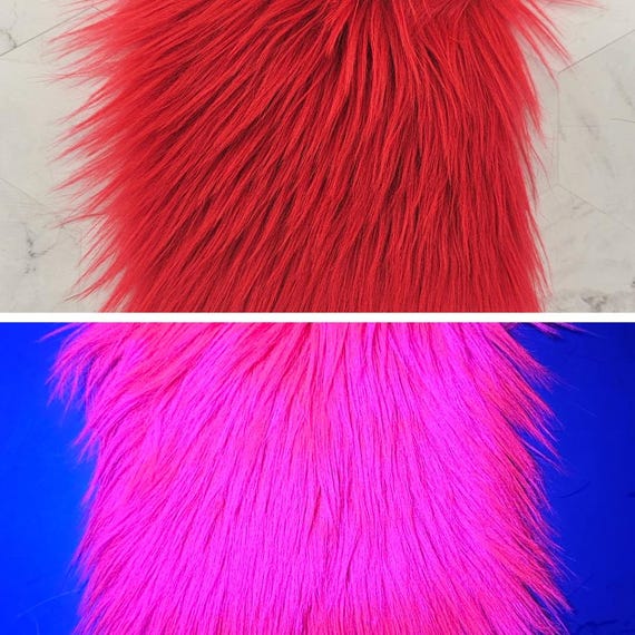5" Precut Square Long Pile Faux Fur Fabric UV Reactive Fire Red For Poms and Gnome Beards