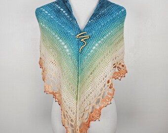 Merino Wool Lace Shawl – Hand Crocheted Turquoise to Orange Gradient Wrap – Coastal Wedding or Summer Shoulder Wrap
