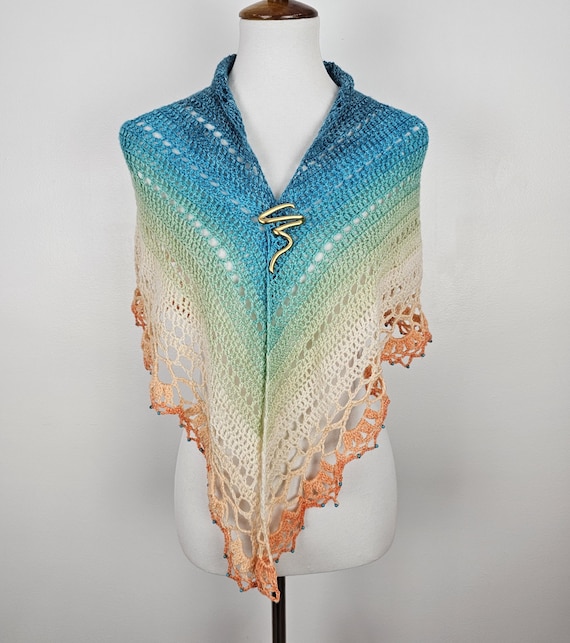 Merino Wool Lace Shawl – Hand Crocheted Turquoise to Orange Gradient Wrap – Coastal Wedding or Summer Shoulder Wrap