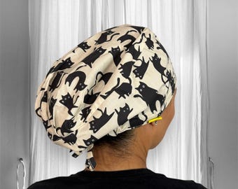 Funny black Cats scrub caps for women, veterinarian gifts, vettech surgical cap, cat lover nurse cap, halloween mens scrub cap