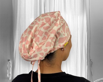 Strawberry Cow Print Scrub Caps for Women, Breast Cancer Survivor Gift, Ob Gyn Surgical Cap
