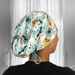 Halloween Scrub Caps, surgeon Surgical cap,  SPOOKY GHOST scrub caps for Women, Kawaii Scrub hats, latina Nurse gifts, boo, spider, pumpkin