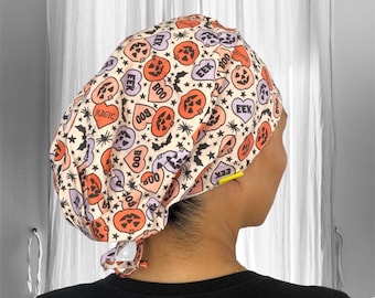 Gorros quirúrgicos de calabaza, gorro quirúrgico de otoño, gorros quirúrgicos de Acción de Gracias para mujer, gorro de enfermera de Halloween, espeluznante, forrado de satén