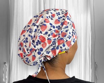Vine STRAWBERRY scrub caps for woman, Blueberries Surgical cap, satin lined scrub caps, Ponytail scrub cap, fruit print nurse cap