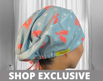Longen SCRUBKAPPEN voor dames, satijn gevoerde geplooide Euro Surgical Caps medische print, longarts, scrubmutsen paardenstaart, scrubmuts heren