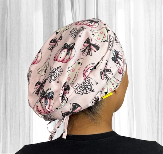 Coquette Bows, Girly Ghost and Pumpkin Halloween Scrub Caps for women, Silk Lined Surgical Cap, Ponytail Scrub Cap