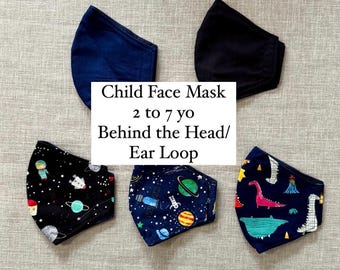 Child Cloth face mask washable, 7 to 14 years old, Behind the head mask, EAR SAVER Face Mask with filter pocket, Adjustable, over the head,