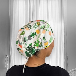 女性用植物スクラブキャップ、多肉植物外科医ギフト、かわいいスクラブハット、長髪スクラブキャップ、ポニーテールスクラブキャップ、外科技術ウィーク
