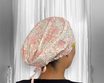 Coastal Flowers and Seashells, preppy womens scrub caps, Mermaid satin scrub cap, silk lined scrub caps, cute scrub caps, hawaiian doctor