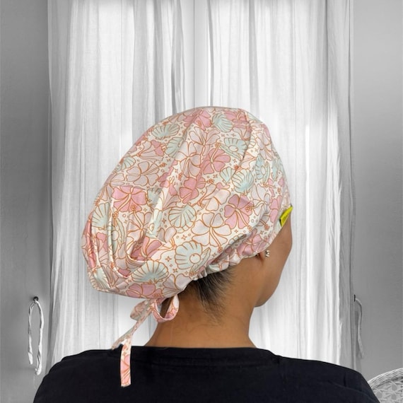 Coastal Flowers and Seashells, preppy womens scrub caps, Mermaid satin scrub cap, silk lined scrub caps, cute scrub caps, hawaiian doctor