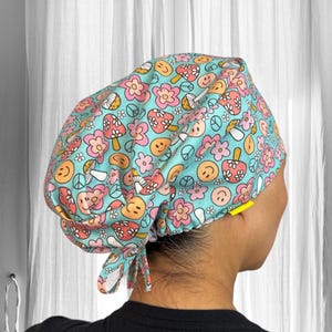 Groovy mushrooms smile scrub caps, Bohemian Surgical cap, Retro Floral Scrub Cap, New grad Nurse gifts, OR Nurse Cap, nurse preceptor gift