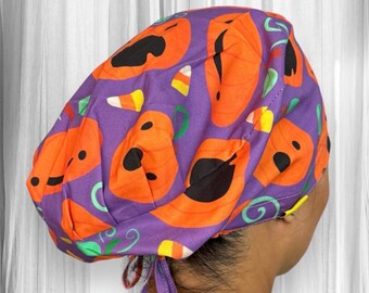 Halloween Pumpkin scrub caps for women,  Fall surgical cap, Candy Corn scrub hat, Cute Halloween Nurse cap, spooky,  surgical tech gifts