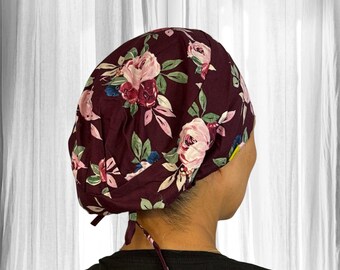 Plum Mums floral scrub caps for women, satin lined surgical cap, euro scrub hats,