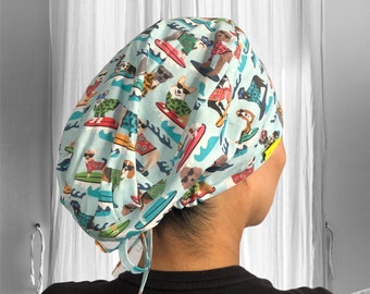 Surfing Dog Scrub caps for women, Tropical Dogs surgical cap, Summer scrub caps, Doggy scrub hat, surgical tech, crna, gift for veterinarian