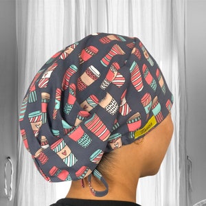 Coffee Cup SCRUB CAPS , Surgical cap, scrub cap Women, tanza Surgical Caps, Scrub Cap for Long hair, Ponytail scrub cap, ICU Nurse,