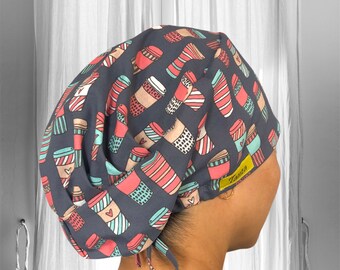 Coffee Cup SCRUB CAPS , Surgical cap, scrub cap Women, tanza Surgical Caps, Scrub Cap for Long hair, Ponytail scrub cap, ICU Nurse,
