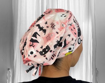 Pink Halloween Scrub Caps for women, pumpkin, Witch surgical cap, jack o lantern , Bats, whimsical Scrub hats, surgical tech week gift