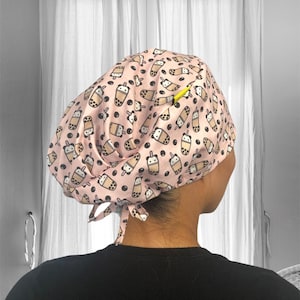 PANDA BOBA Scrub Caps, Milk Tea Surgical cap, scrub caps for Women, tanza Scrub hats, kawaii food, Ponytail scrub cap, ICU Nurse