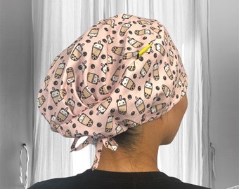 PANDA BOBA Scrub Caps, Milk Tea Surgical cap, scrub caps for Women, tanza Scrub hats, kawaii food, Ponytail scrub cap, ICU Nurse