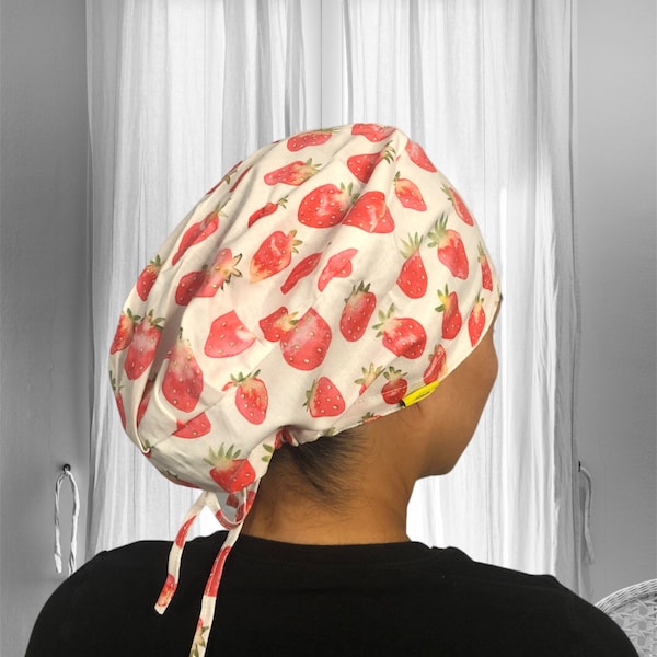 Strawberry Scrub Caps for women, surgeon Surgical cap, CRNA Scrub hat, summer scrub cap, satin lined scrub cap, ponytail