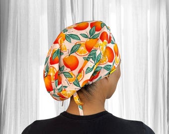 Orange Slices satin lined scrub caps for women by tanza, summer fruit surgical cap, ponytail scrub hat
