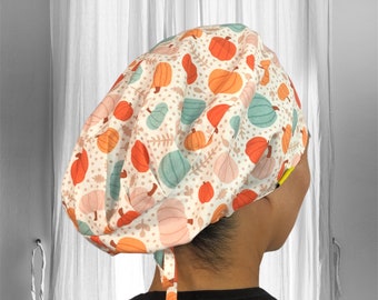 Teal Pumpkin scrub caps,  Fall surgical cap, Thanksgiving Scrub caps for women, Halloween Nurse cap, Autumn, Satin Lined