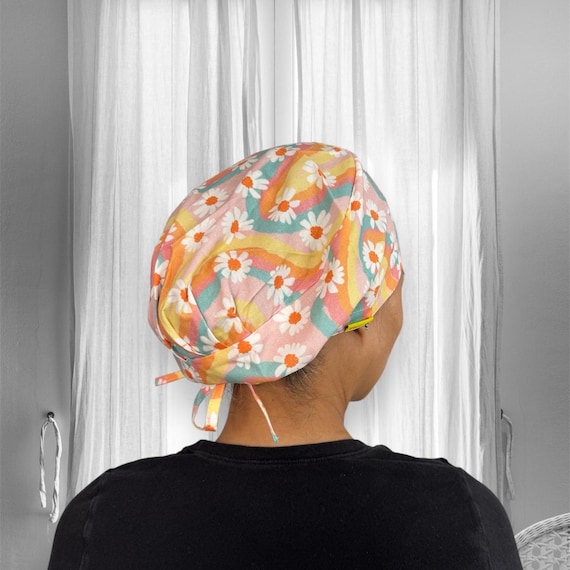 Pastel rainbow Daisy scrub caps, 1960s scrub hat, retro floral surgical cap, long thick hair cap, satin lined scrub cap