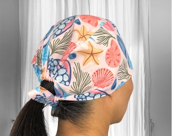 Seashells Scrub Caps, starfish Surgical cap,  scrub caps for Women, ocean Scrub hat, summer scrub cap, long hair scrub cap, beach