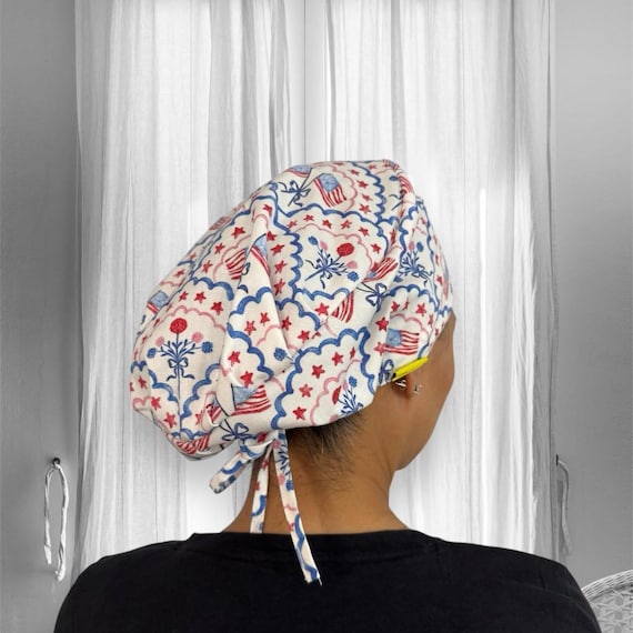Patriotic 4th of July Scrub Caps, American Flag Surgical Cap, Couquette Bows and Flowers Scalloped scrub hat, USA Nurse cap